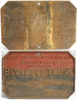 S & M J R Cast iron Trespass Notice. BEWARE OF TRAINS. TRESPASSERS WILL BE PROCESCUTED. Original