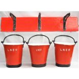 3 x LNER Fire buckets each embossed LNER together with it's original wooden backboard complete