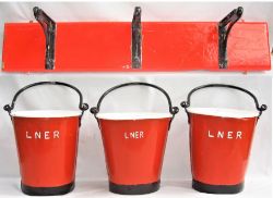 3 x LNER Fire buckets each embossed LNER together with it's original wooden backboard complete