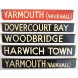 A lot containing 5 x painted metal Station Destination Signs. YARMOUTH (Vauxhall). DOVERCOURT BAY.