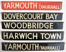 A lot containing 5 x painted metal Station Destination Signs. YARMOUTH (Vauxhall). DOVERCOURT BAY.