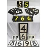 London Transport Enamel Trackside Car Stop Numbers. Two still in wooden frame together with a number