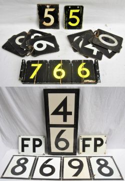 London Transport Enamel Trackside Car Stop Numbers. Two still in wooden frame together with a number