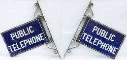 Double sided enamel sign PUBLIC TELEPHONE. In very good condition with original wall mounting