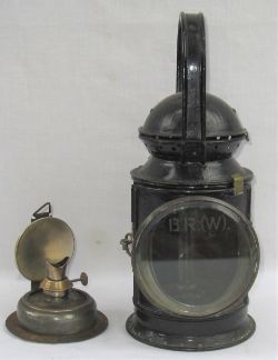 GWR Pre grouping 3 aspect steel top Hand Lamp. Front glass etched BR(W) complete with red and blue
