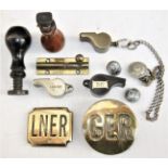 A lot containing various office items together with 2 x Horse Brasses, LNER and GER. Also included