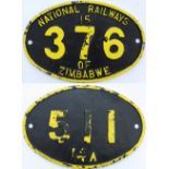 National Railways Of Zimbabwe cast aluminium cabside numberplate 376 15. Together with a cast