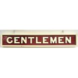 GWR wooden hanging sign. GENTLEMEN. Measures 37 in x 6 in. Restored condition.