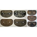 7 x Cast Iron Wagon D Plates to include B 425084 21 TONS GLOUCESTER C & W 1958. DB 994592 50 TONS