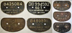 7 x Cast Iron Wagon D Plates to include B 425084 21 TONS GLOUCESTER C & W 1958. DB 994592 50 TONS