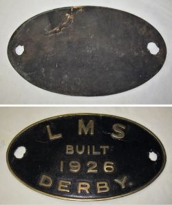 Worksplate. LMS Built Derby 1926, oval cast brass small crack to top. Probably ex 4F