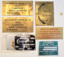 A collection of brass instruction plates related to Diesel operation. No 9077 and 78.