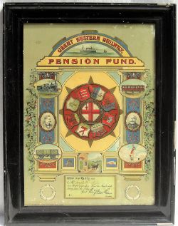 Framed and glazed original GER Pension Certificate issued to Mr Joe Robinson No 2420. Signed by