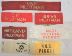 6 x Cloth Armbands. Midland, SR, BR-WR, GWR together with an ASLEF official picket armband and an