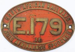 South African Railways brass cabside numberplate E179 1E ex SAR Electric locomotive . In face