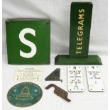 A lot containing odd signalling items and plates. Enamel S mounted onto wood. 2 x lever plates.