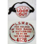 LSWR Enamel Arm Band. LSWR THE HOLDER OF THIS BADGE IS AUTHORISED TO BE ON THE RAILWAY 4126. Minus