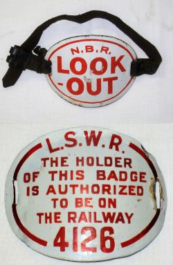 LSWR Enamel Arm Band. LSWR THE HOLDER OF THIS BADGE IS AUTHORISED TO BE ON THE RAILWAY 4126. Minus