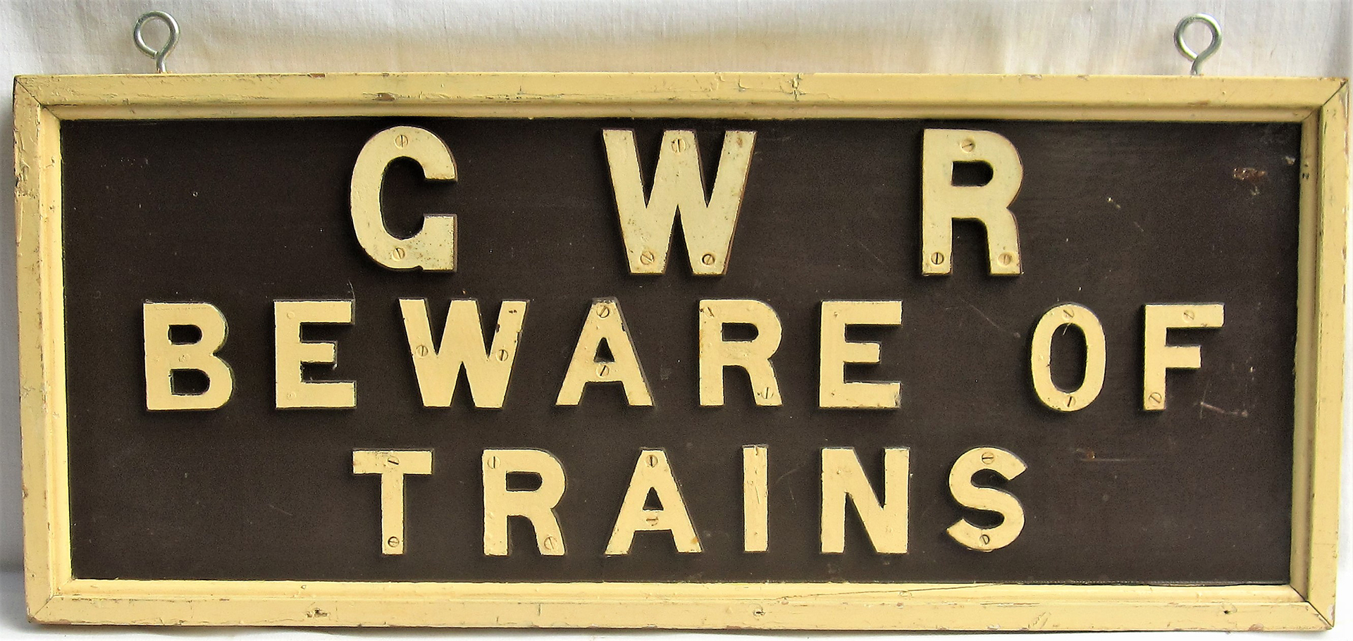 Wooden Platform Sign. GWR BEWARE OF TRAINS. Restored condition with some replacement letters in