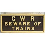 Wooden Platform Sign. GWR BEWARE OF TRAINS. Restored condition with some replacement letters in