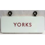 Double sided fully flanged hanging sign YORKS on one side only. Complete with hanging hooks ex