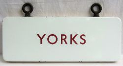 Double sided fully flanged hanging sign YORKS on one side only. Complete with hanging hooks ex