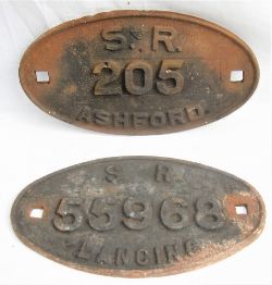 A pair of Southern Railway Wagon Plates. SR 205 ASHFORD together with SR 55968 LANCING. Both good