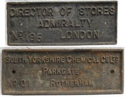 A pair of unusual Wagon Plates. DIRECTOR OF STORES ADMIRALITY No 195 LONDON together with SOUTH