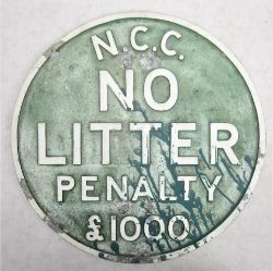 Cast Aluminium Road Sign N.C.C NO LITTER PENALTY £1000. NCC being Norfolk County Council.