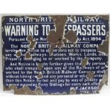 NBR Enamel Trespass Sign. NORTH BRITISH RAILWAY WARNING TO TRESPASSERS ACT 1894. Requires