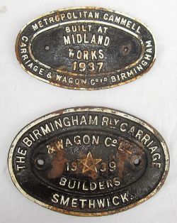 A pair of Wagon/Coach Builders Plates. THE BIRMINGHAM RLY CARRIAGE & WAGON Co 1939 together with