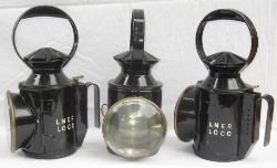 3 x LNER LOCO Hand Lamps. One fitted with bulls eye front lens. All three restored condition and