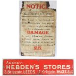 2 x Enamel Advertising Signs. AGENCY HEBDEN'S STORES LEEDS. Measures 14 x 3 in together with