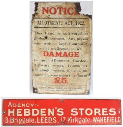 2 x Enamel Advertising Signs. AGENCY HEBDEN'S STORES LEEDS. Measures 14 x 3 in together with