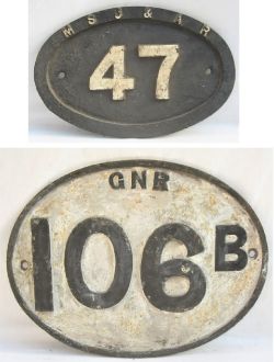 A pair of cast iron Bridge Number Plates. MSJ & AR 47 together with GNR 106 B. Both original
