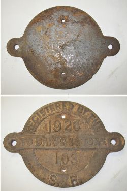 SR Cast Iron Registration Plate. SR 1926 103 14 TONS. Original condition.