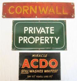 A lot containing 3 x tin plate and pressed aluminium signs. CORNWALL. PRIVATE PROPERTY and ADCO