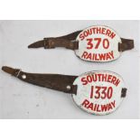 2 x SOUTHERN RAILWAY enamel Arm Bands. Both complete with leather straps.