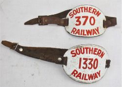 2 x SOUTHERN RAILWAY enamel Arm Bands. Both complete with leather straps.