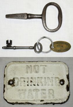 GWR cast iron plate NOT DRINKING WATER in original condition. SWR Carriage Key and a Steel Key