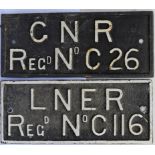 GNR & LNER Cast Iron Crane Plates. GNR Reg No C 26 and LNER Reg No C 116. Face repainted.