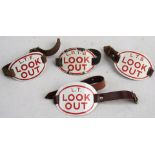 4 x London Transport Enamel LOOK - OUT Arm bands. All complete with leather straps.