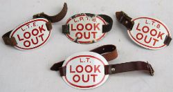 4 x London Transport Enamel LOOK - OUT Arm bands. All complete with leather straps.