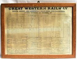 Framed and glazed GREAT WESTERN RAILWAY SOUTH DEVON & CORNWALL MAIN LINES and BRANCHES Timetables.