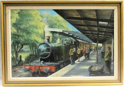 Framed Original Oil Painting by Geoff Shaw. GWR 4588 at PAINGTON STATION.