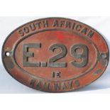 South African Railways Brass Cabside Number plate E. 29. Ex Electric locomotive. In original