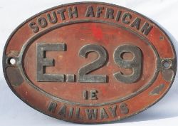 South African Railways Brass Cabside Number plate E. 29. Ex Electric locomotive. In original