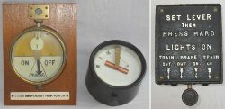 A collection of signalling Instruments and switches. Brass cased LNER Distant example mounted onto