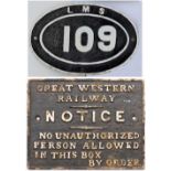 GWR Cast Iron Signal Box Door Notice together with an LMS Bridge Number 109. Both restored