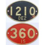 Rhodesian Railways cast brass cabside numberplate 1210 DE2. Together with a similar 360 15. (2